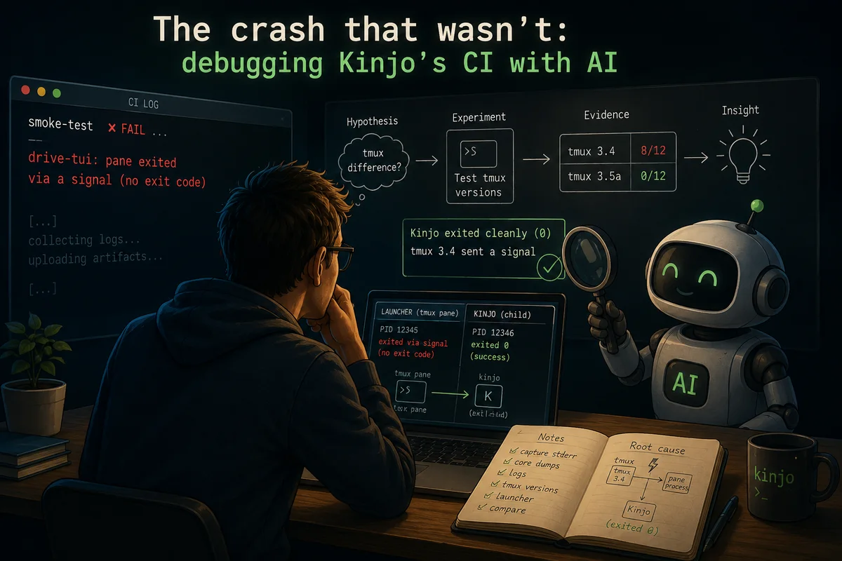 An engineer and an AI assistant compare tmux 3.4 and 3.5a while debugging Kinjo's CI